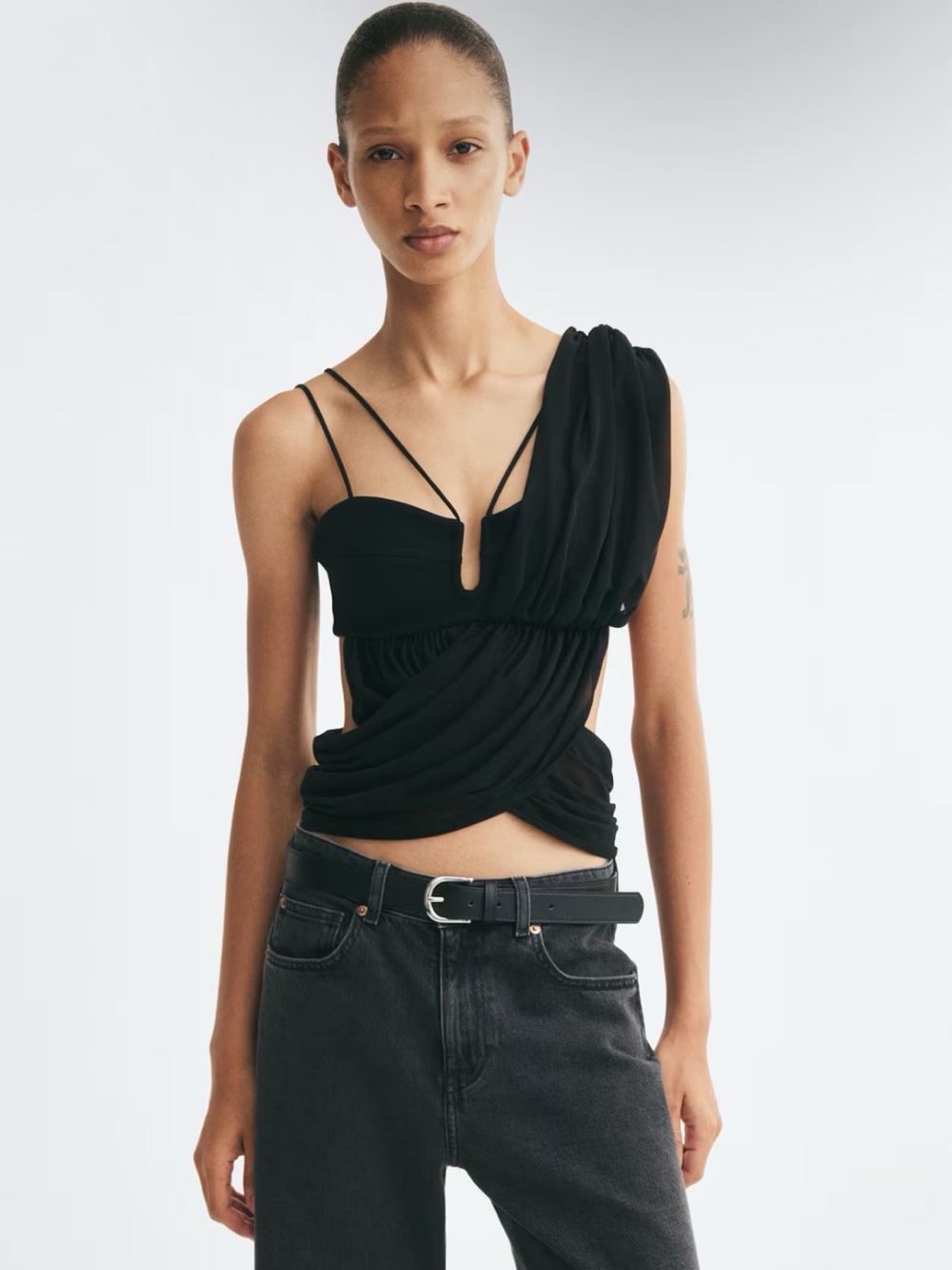 H&M EDITION NWT  BLACK DRAPED DUAL-FABRIC CROP TOP